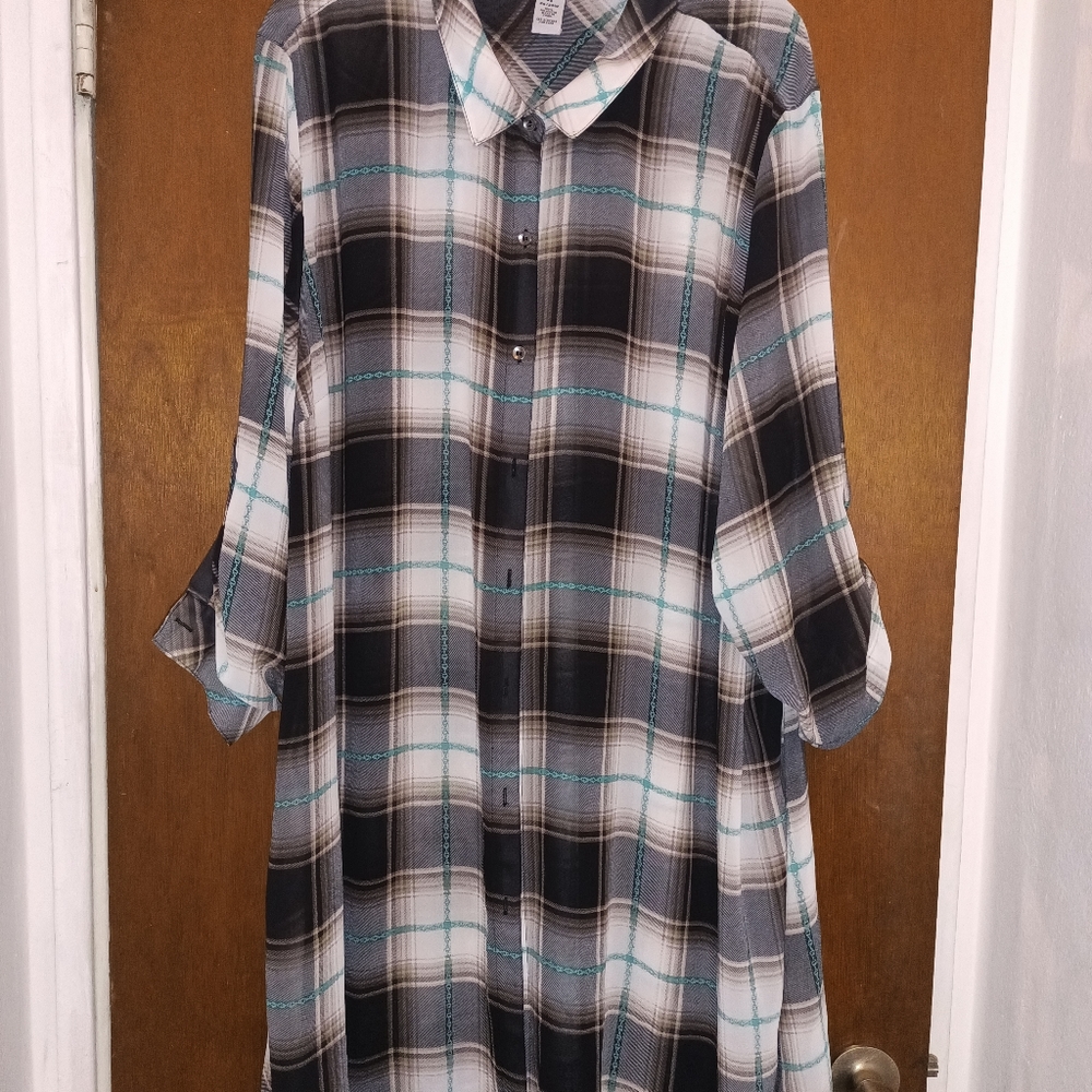 Long 42 inch plaid button up tunic. NWOT